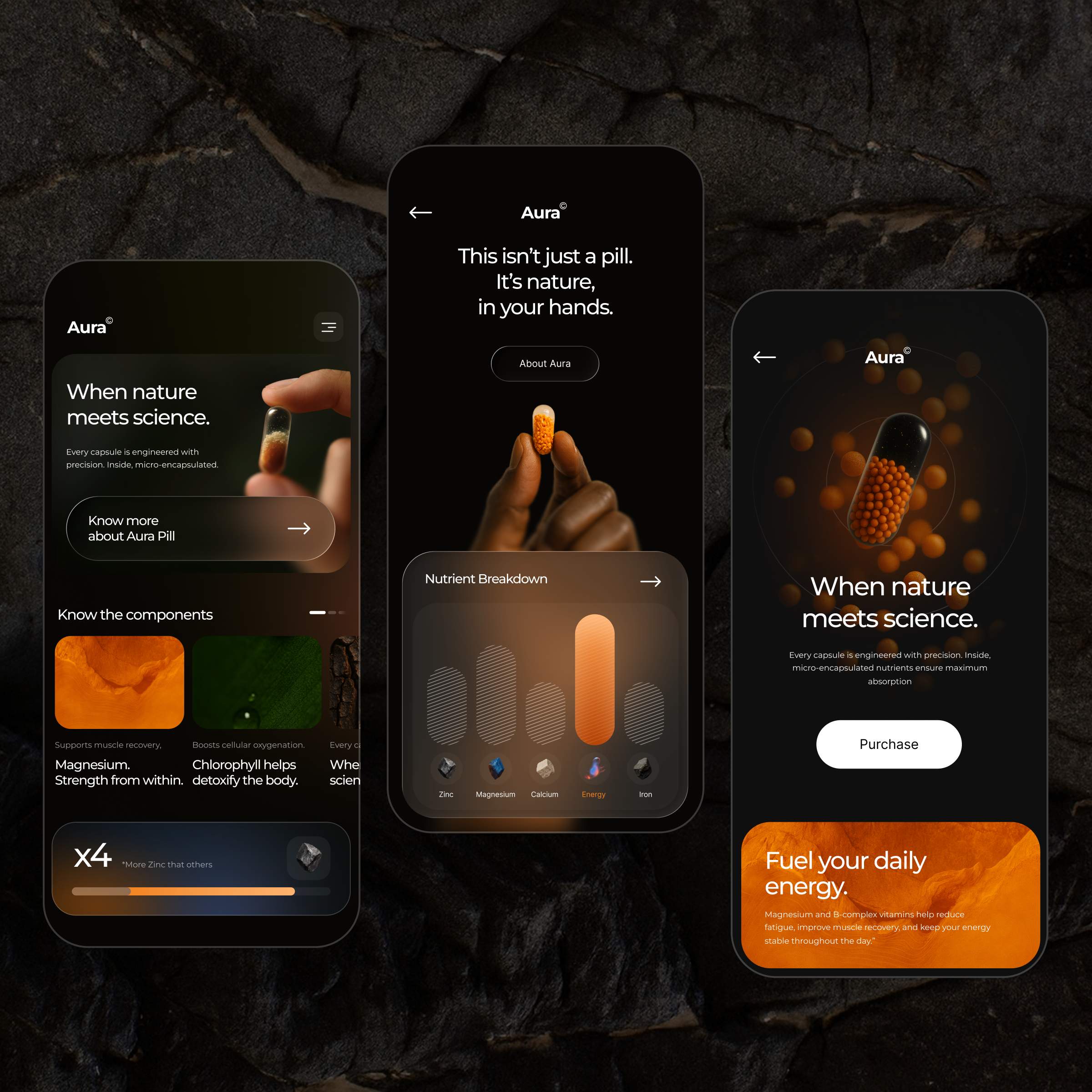 Aura App 3d app black branding dark iphone science ui user experience user interface