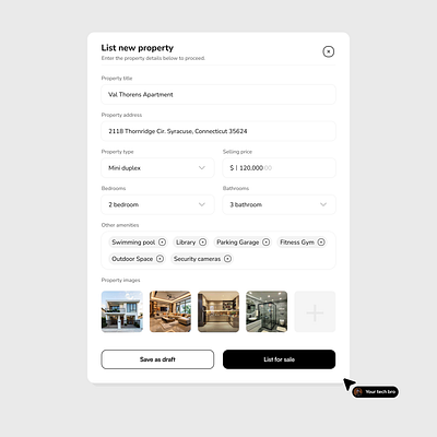 Property listing modal black x white design figma real estate ui ui design ux