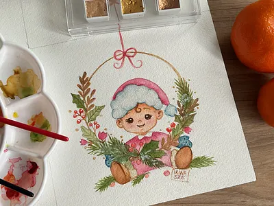 Watercolor Christmas card baby baby illustration baby santa card card design card illustration christmas first christmas hand painted painted card traditional watercolor watercolor illustration wreath