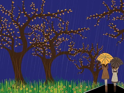 Fall fall rainy day flowers girls illustration umbrella