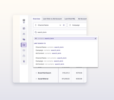 Search bar Filter analytics listbox popover report filtering rule parameters rules logic search bar filter search term string filter