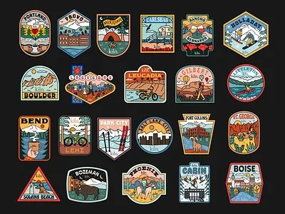 City Badges for Kiln. updated 2025 arizona badge biking bozeman branding california colorado hiking illustration kayak landscape montana mountains nature oregon outdoors portland ski snowboard utah