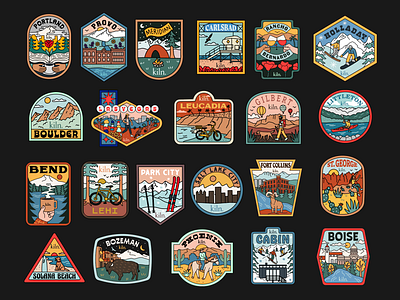 City Badges for Kiln. updated 2025 arizona badge biking bozeman branding california colorado hiking illustration kayak landscape montana mountains nature oregon outdoors portland ski snowboard utah