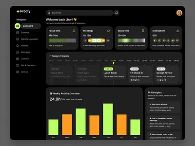 Dark Mode Productivity Dashboard – Smart Focus & Analytics UI analytics app design dark mode dashboard design system focus minimal modern ui productivity time tracking ui ui concept ui design ux web design work management
