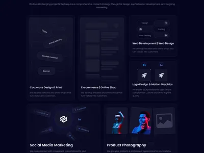 Creative Agency Services Section agency agency website agency website design black design blue design design digital agency digital agency website digital website landing page marketing agency shopify ui ux website