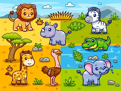 Safari Animal Collections🦁🦓🦒 animals branding character crocodile cute elephant flat giraffe icon illustration jungle lion logo nature ostrich rhino safari wild zebra zoo