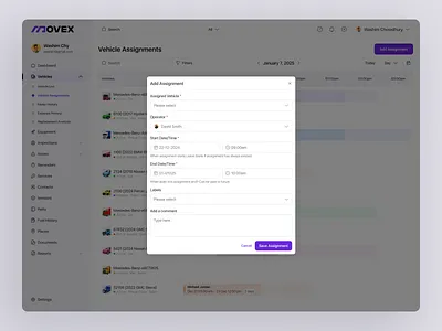 Movex SaaS - Add Assignment add vehicles dashboard delivery driving fleet fleet activity logistic modal saas saas design saas modal transport ui uiux vehicle assign webapp website