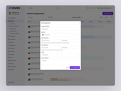 Movex SaaS - Add Assignment add vehicles dashboard delivery driving fleet fleet activity logistic modal saas saas design saas modal transport ui uiux vehicle assign webapp website