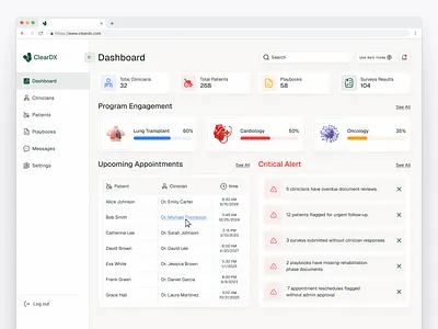 ClearDX - Healthcare SaaS Dashboard UI cleanui clinicianportal dashboardui figma healthcaredesign healthtech medicaldashboard moderndesign patientmanagement saas uiux