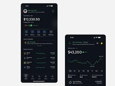 ZYNQ - Crypto Wallet App (Dark Mode UI) agency app crypto dark mode design figma grafik mobile tab bar trade trading ui ux wallet