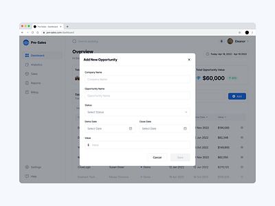Add new opportunity - Sales dashboard dashboard dashboards finance finance dashboard new dashboard saas saas dashboard sales sales dashboard srm dashboard ui ui design ui ux design