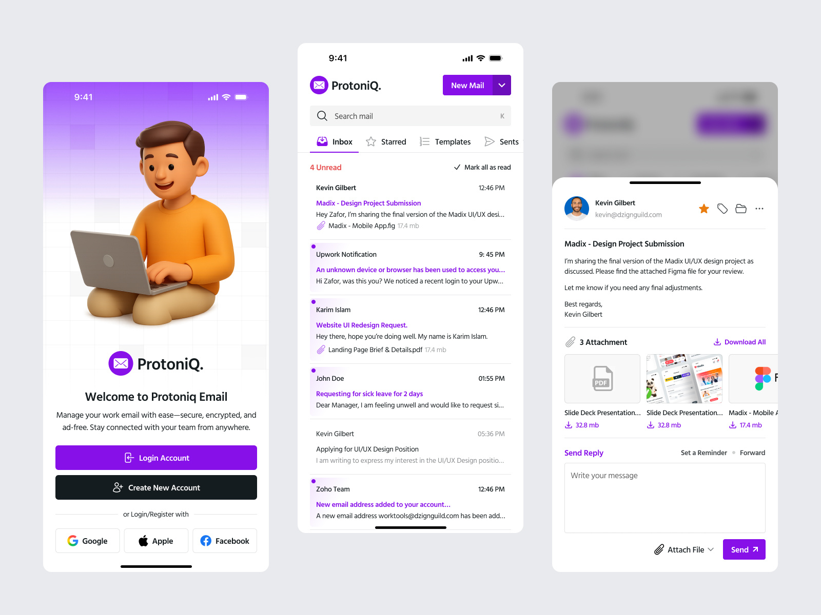 ProtoniQ - Mail Managment Mobile App UI Design. clean ui dashboard design designerzafor email app login screens mail managment mobile app design mobile experience mobile first mobile ui onboarding design productivity app ui design ux design