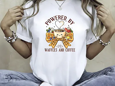 Powered by Waffles and Coffee – Cute Foodie T-Shirt Design breakfast cafe clothing coffee cuplover design dessert drink espresso fashion illustration kawaii latte logo tshirt typography ui vector waffle yummy
