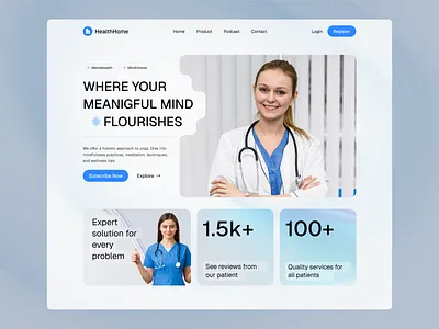 HealthHome – Modern Healthcare Website Hero Section clinic landing page ui doctor website design health healthcare healthcare landing page design healthcare website hospital web design landing page medical website medical website ui mental health website ui mindfulness landing page modern healthcare ui modern ui patient care web design web design website website design wellness platform design