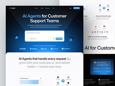 Assist - AI Agents Customer Service Landing Page ai ai agent ai integration ai platform animate artificial intelligence automation b2b clean dipa inhouse futuristics landing page minimalist modern design saas startup uiux web design website