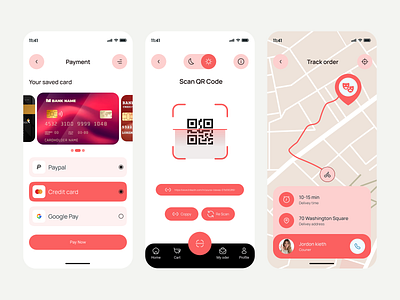 Screen-Payment ,QR Code & Track Order app appdesign beehaya cartoon credit cards design system graphic design illustration mobile order tracking ui pement product design programming qr qr code scan scanning ui ux wallet app