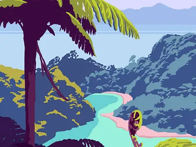 Tropical island aerial view branding countryside forest illustration island lake landscape nature outdoor painting sea travel