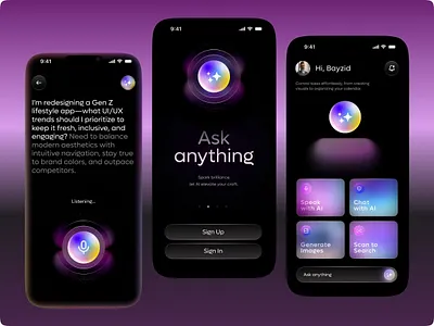 AI Voice Chat – Redefining Conversations with Intelligence ai ai assistant ai personality app assistant chat chatbot cyberpunk dark mode gradient home page interface mobile sci fi interface tech ui uiux ux voice ai voice interface