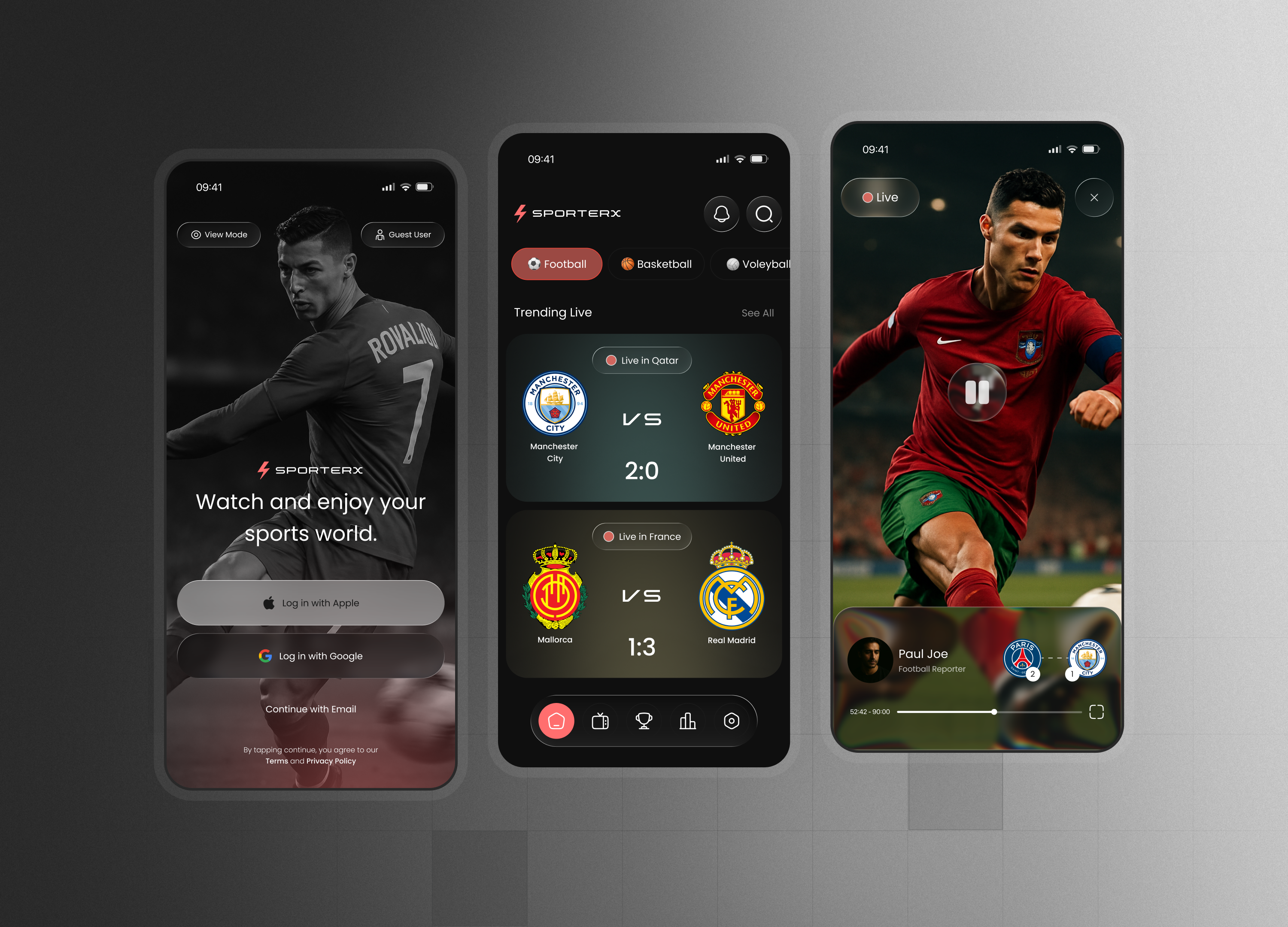 SporterX – Sports Streaming App app bet bet app dark darkmodeui designui figma figmapro football footballapp livestreaming mobileappdesign sport sportapp streamingapp ui