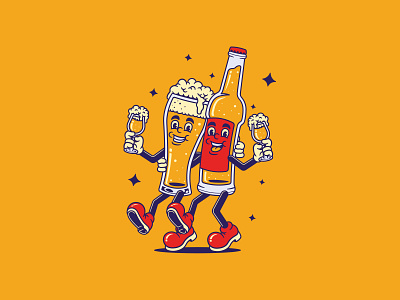 Happy Retro Beer Bottle & Glass Mascot beer bottle cartoon character character design drink fnb glass happy beer illustration retro retro vibes summer vector