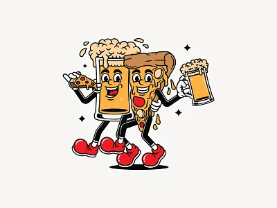 Retro Pizza & Beer Buddies beer brand branding cartoon cartoon design character classic drink food graphic design happy illustration illustrator pizza pizza slices retro retro vibes