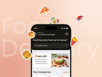 Food Delivery App animation app app design checkout clean filter food delivery homepage interface light theme main page map mobile design modern motion design order order food product page tracking uiux
