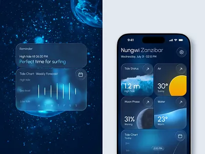 🌊 Tide & Moon Tracker Dashboard | Mobile App app app design card concept dark mode dark ui dashboard design glass mobile app mobile dashboard mobile ui moon ocean tide ui uiux ux weather weather app