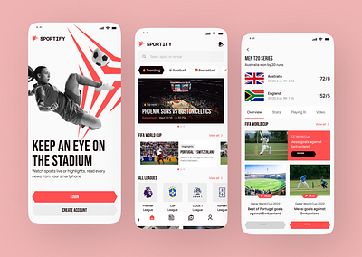 Sportify – All-in-One Sports Streaming app concept basketball app case study ui clean ui cricket app dark light ui dashboard ui fifa world cup live scores minimal design mobile app design modern ui sports app sports fans app sports highlights sports news app sports streaming trending ui uiux design user experience