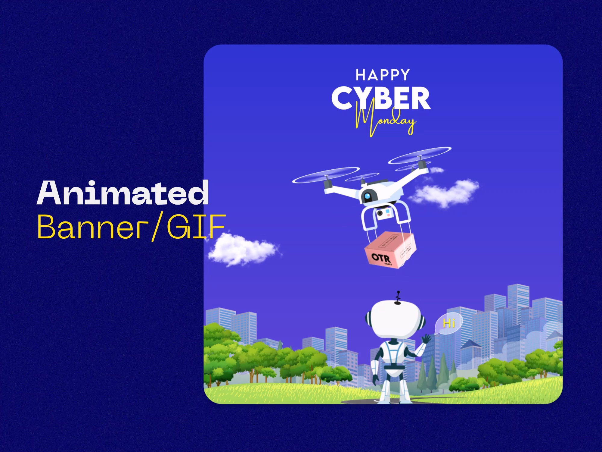 Happy Cyber Monday—Drone Delivery Animation 2d animation adobe illustrator ads animation after effect animation character anmation cyber monday delivery drone ecommerce futuristic graphics design loop animation motion design motion graphics robot shopping social media post social mediam social media post video editor