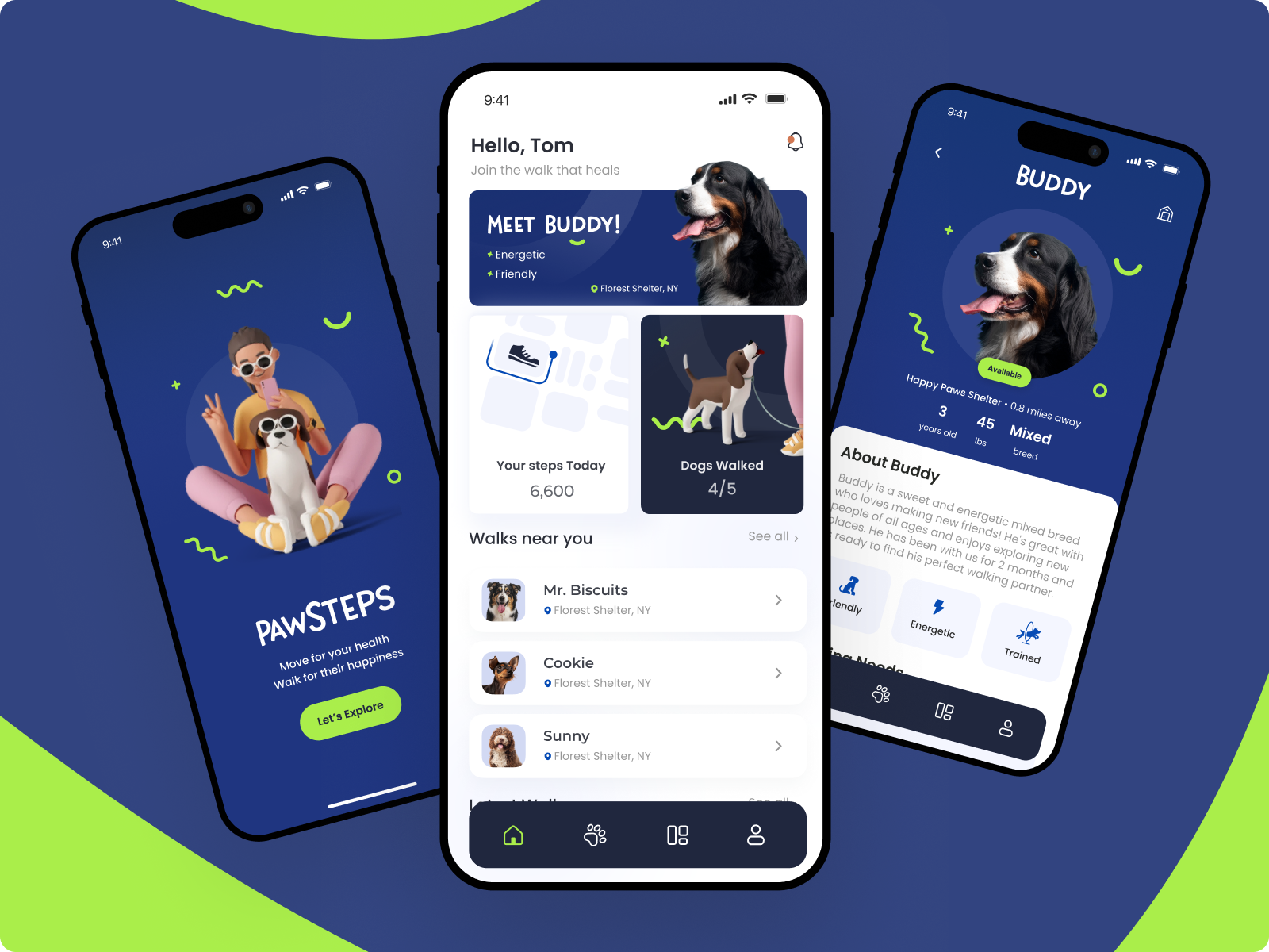 PawSteps — Walk for Love & Health 🐶 app appdesign blue design dog figma green health help homepage joy kind kindness product profile shelter steps ui uxui walking