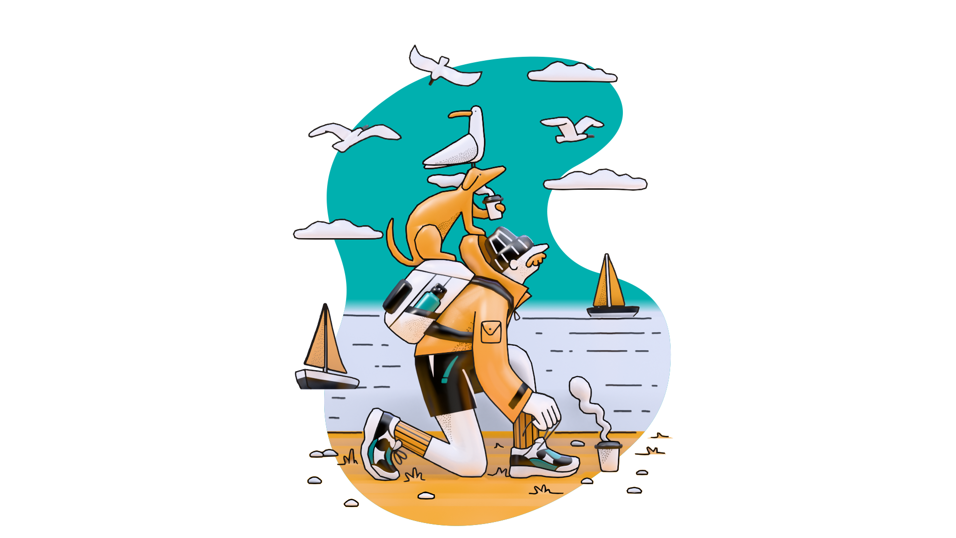 Walk on the beach 3D Illustration 3d backpack beach birds blender boats cartoon characters clouds coffee dog eevee human illustration nature ocean scene sea