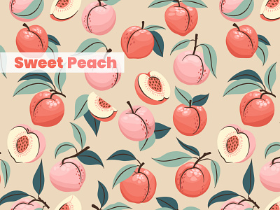 Sweet Peach – Fruit & Pattern Set botanical pattern fabric print fresh vibes fruit pattern fruity illustration hand drawn juicy fruits packaging design peach illustration peach pattern repeat pattern seamless pattern soft colors stationery design summer design summer vibes surface pattern textile design vector illustration vector pattern