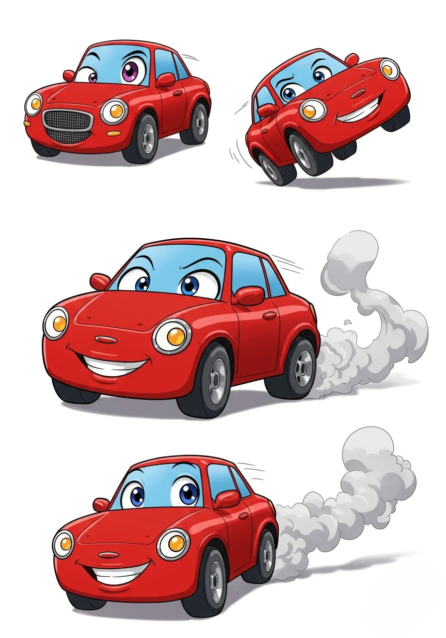 Four cheerful red cartoon car characters 3d animation app branding card design font graphic design icon idea illustration logo motion graphics pattern plant sign typography ui ux vector