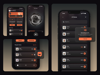 AI Voice Generator App ai design android app app concept app design app development artificial intelligence black and orange creative agency dark mode design system digital design interface design ios app mobile design mobile ui modern ui product design ui design ux design voice generator