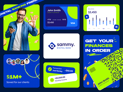 Sammy Bank Branding brand identity brand strategy brand system branding colorful design creative agency creative direction design studio digital branding energetic design fintech branding graphic design logo concept logo design modern identity playful branding rebrand typography visual identity youthful branding