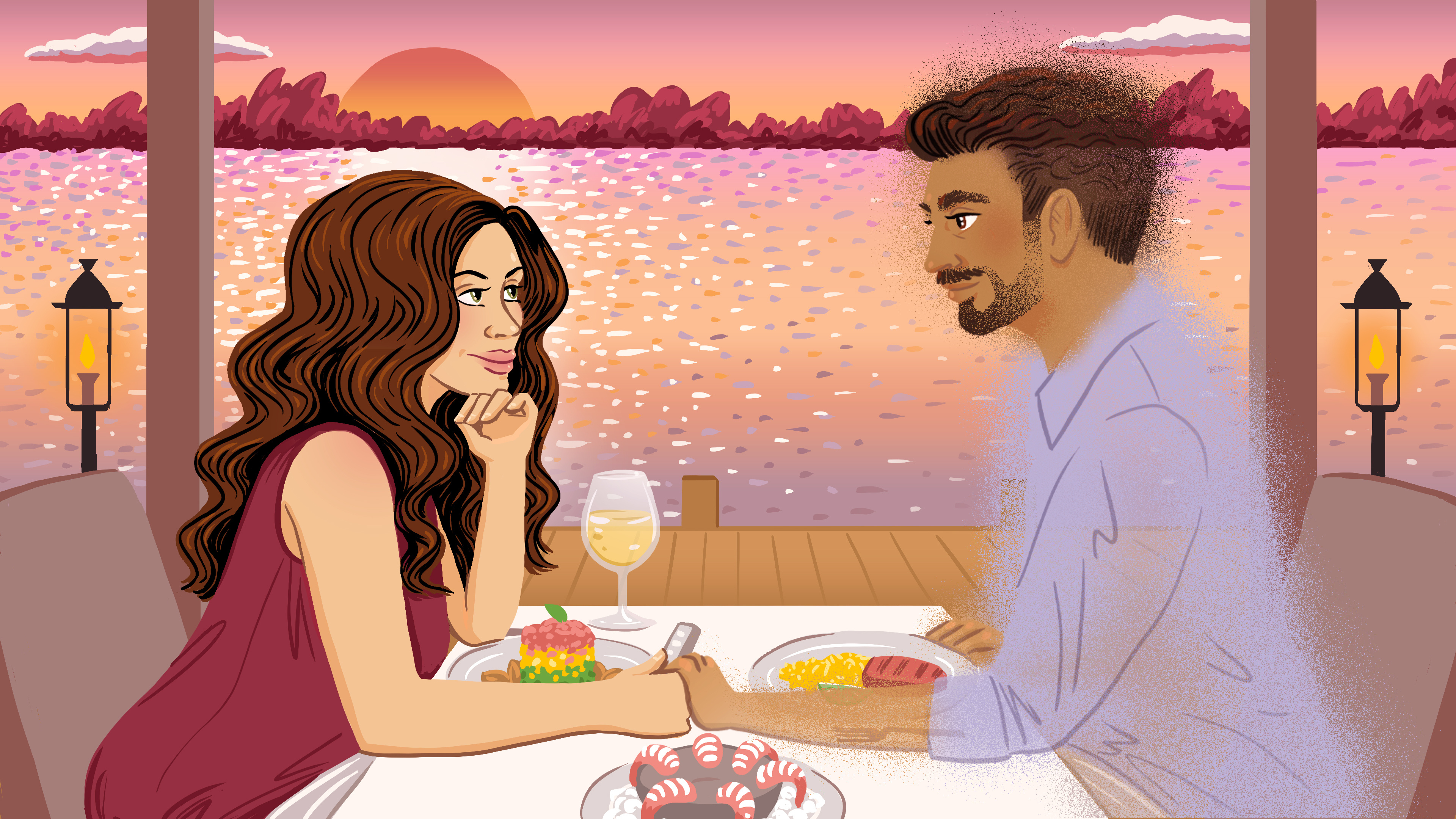 Dating Ai ai chatbot date dating digital dinner dream illustration love romance sunset