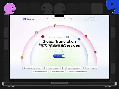 Bold Translation Platform Web UI - Multilingual SaaS for Global accessibility design ai voice transcription certified translator ui document translation enterprise saas global landing page gradient interface international startup interpretation landing page for saas language tech localization service modern web ui multilingual ui professional branding real time interpreter translation platform translation service ui ui ux saas