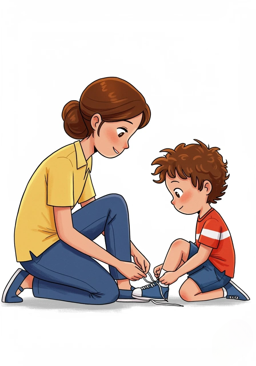 Cartoon illustration of a woman helping a young boy tie his shoe 3d animation branding card design font graphic design icon idea illustration logo motion graphics pattern plant sign technology typography ui ux vector