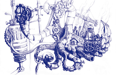 The perfect cogwheel – Octopus ballpoint fantastic illustration pen scribble