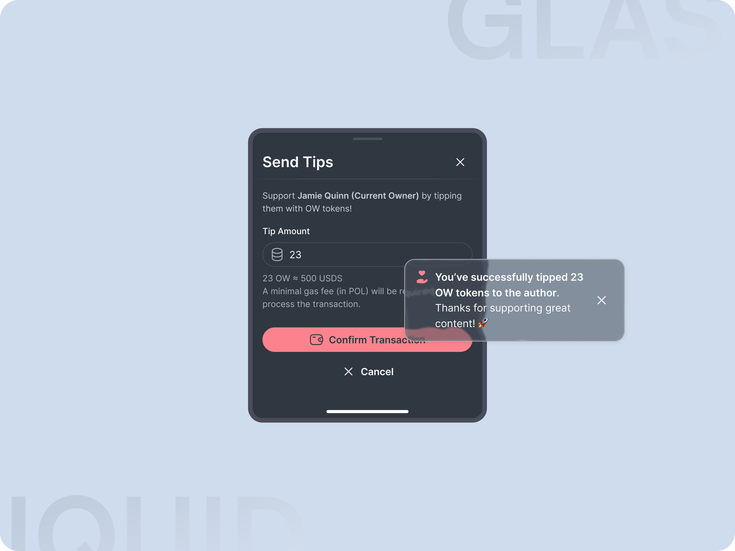 Tip Sending Feature ai blockchainsupport cryptotipsdesign design digitalgivingapp digitaltipsui microtransactionsui paywithtokens supportcontentcreators supportcontentcreatorsapp tipwithcrypto tokendonationsui tokentransactiondesign transactiondesign ui user experience ux uxui