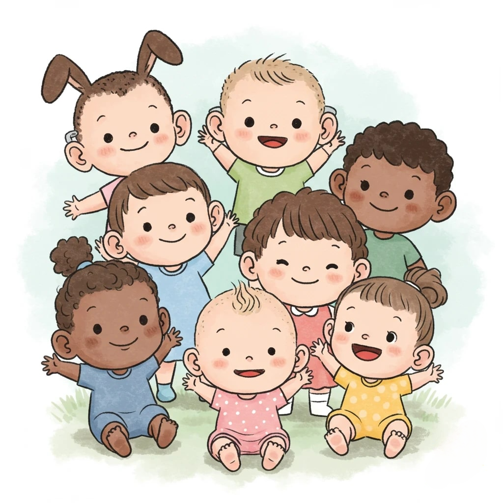 A group of diverse, smiling cartoon toddlers animation app branding card design font graphic design icon idea illustration logo motion graphics pattern plant sign typography ui ux vector web