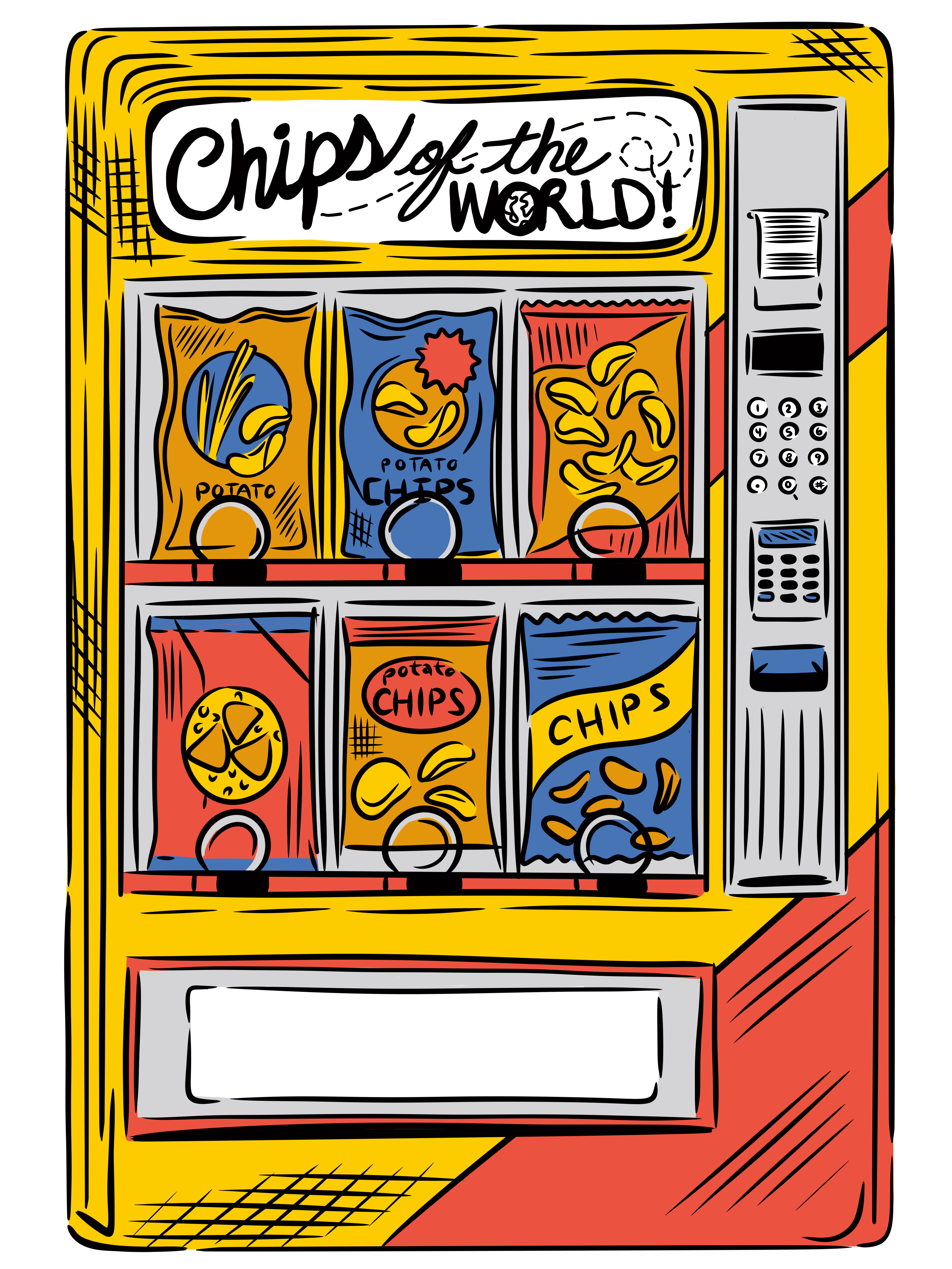 Chips of the World branding chips design drawing food hand drawn illustration illustration art illustrator line art line drawing packaging art packaging illustration potato chips retro simple art simple illustration vending machine vintage yum