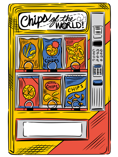 Chips of the World branding chips design drawing food hand drawn illustration illustration art illustrator line art line drawing packaging art packaging illustration potato chips retro simple art simple illustration vending machine vintage yum