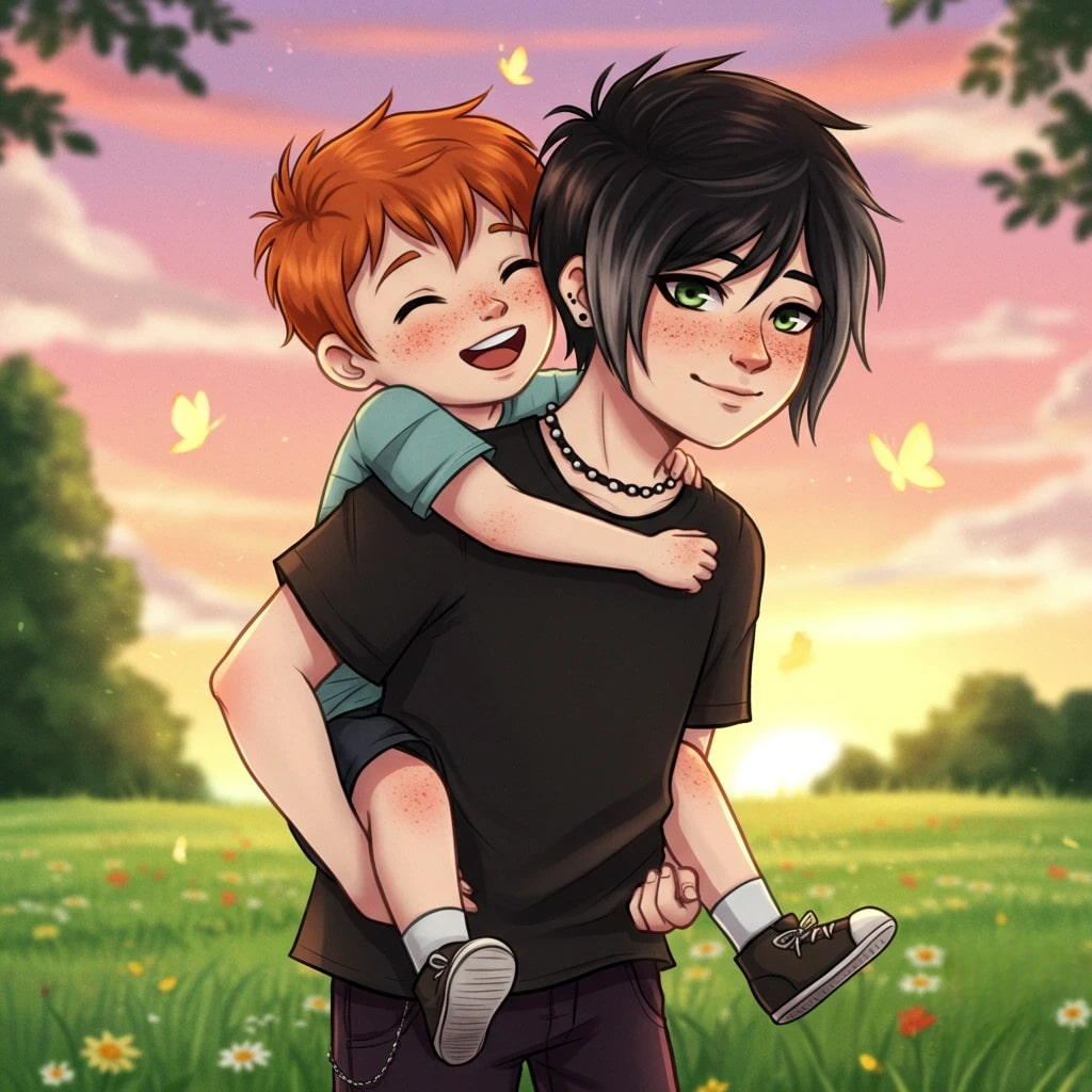 A dark-haired boy gives a ginger-haired boy a piggyback 3d animation app branding card design font graphic design icon idea illustration logo motion graphics pattern plant sign typography ui ux vector