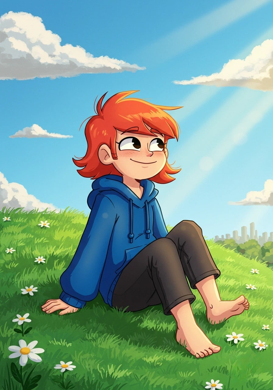 Red-haired cartoon girl in a blue hoodie 3d animation app branding card design font graphic design icon idea illustration logo motion graphics pattern plant sign typography ui ux vector