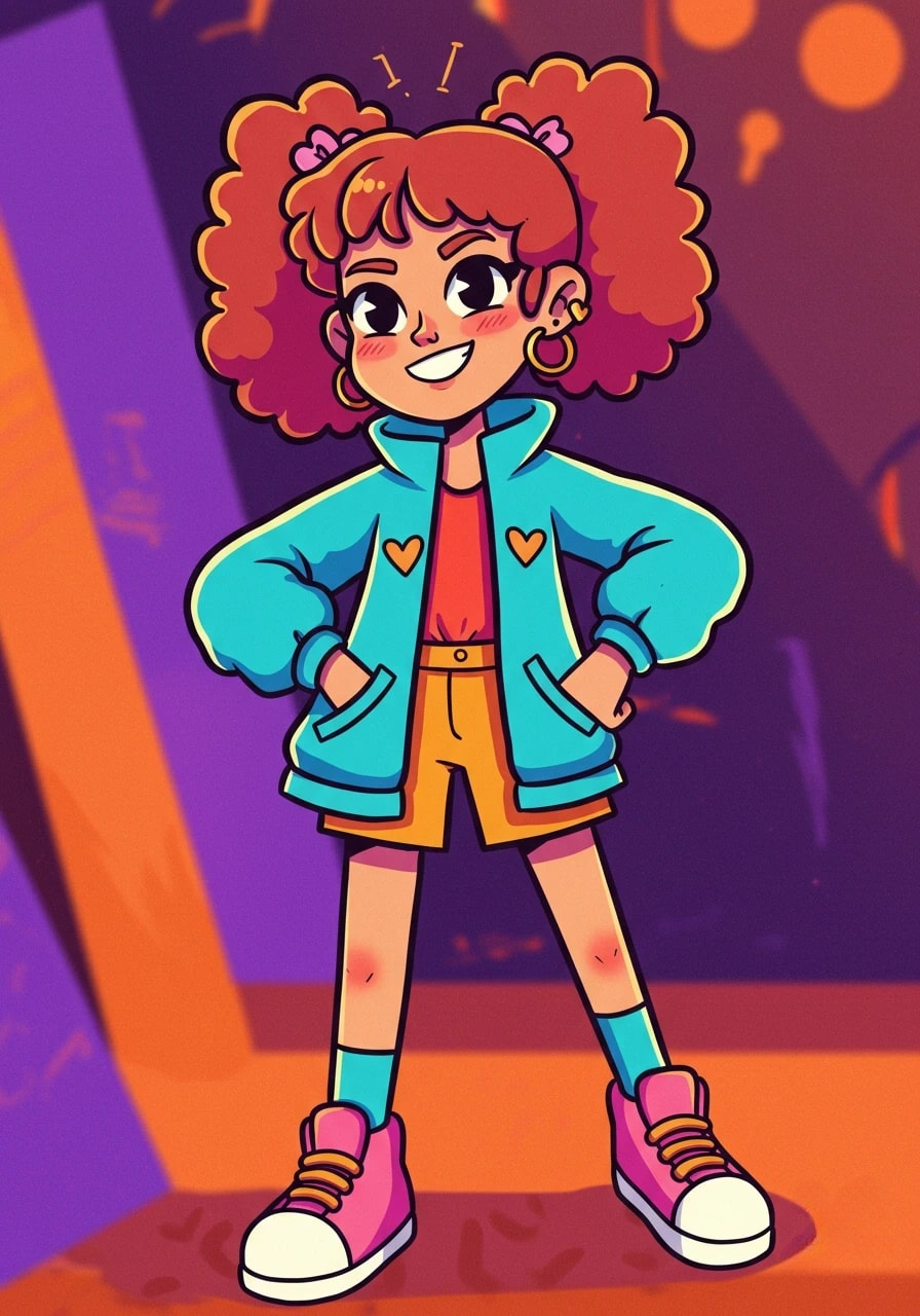A smiling cartoon girl with red curly pigtails 3d animation app branding card design font graphic design icon idea illustration logo motion graphics pattern plant sign typography ui ux vector
