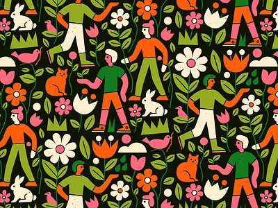 In the flowers 🐈 art cat character flower fun illustration pattern people surfacepattern