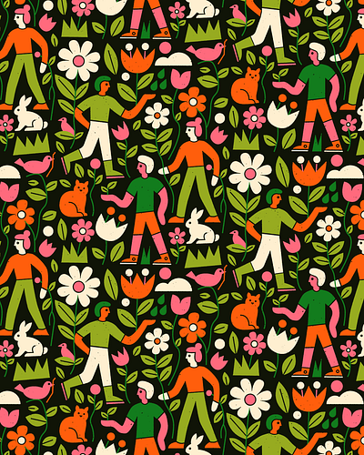 In the flowers 🐈 art cat character flower fun illustration pattern people surfacepattern