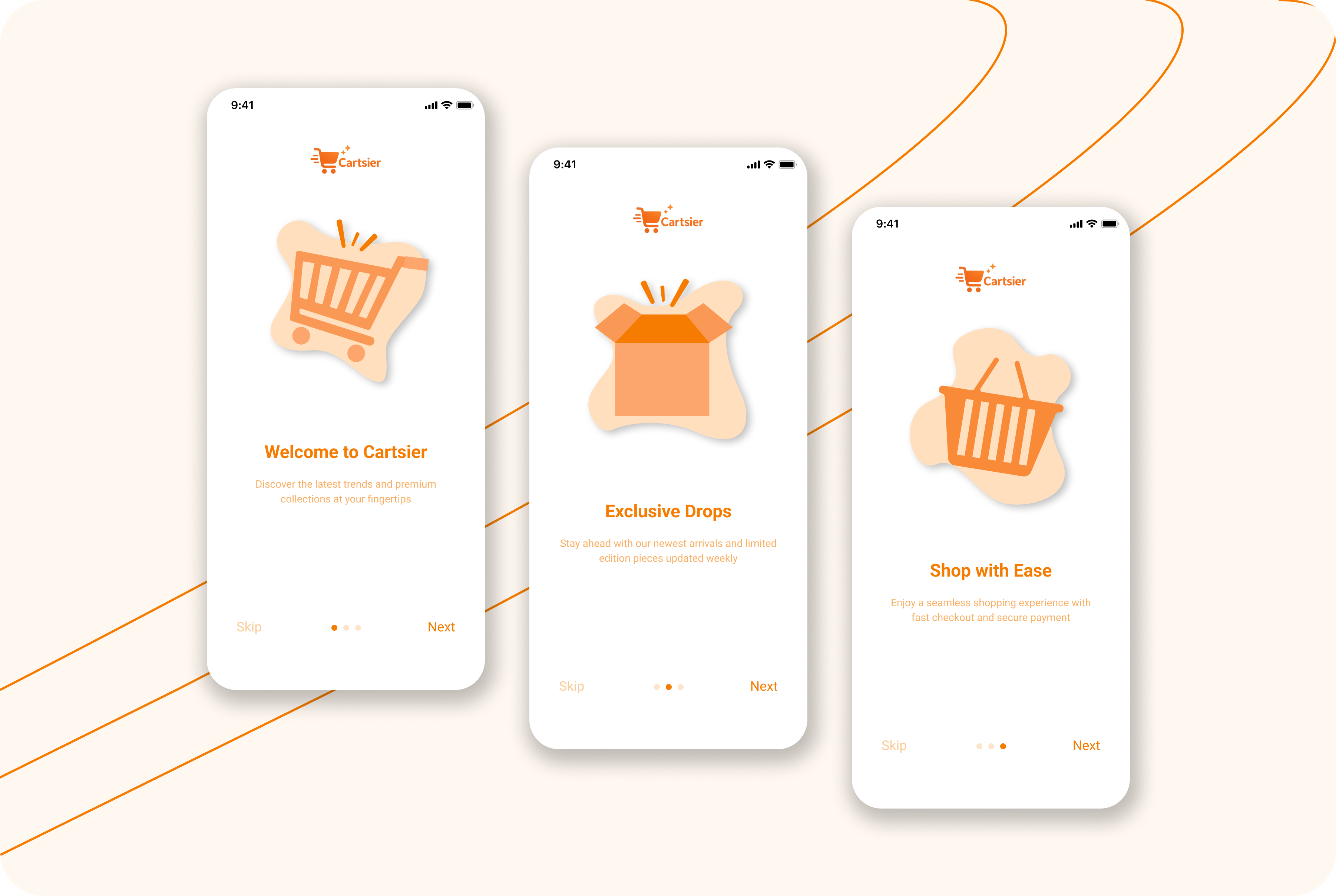 📱 Cartsier - Onboarding App UI Design app branding cart clothing design e commerce men onboarding orange page shoes shop shopping soft sport ui ui daily uidaily ux women