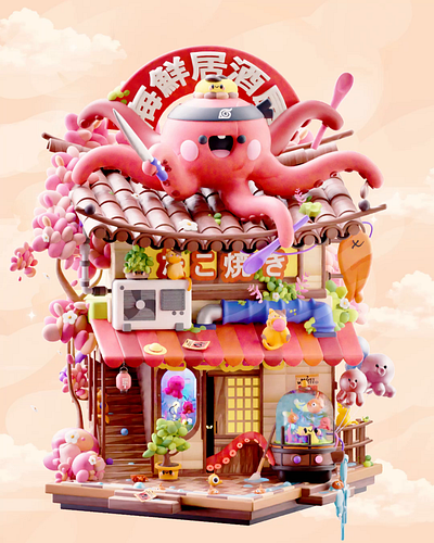 Kawaii Octopus House 🐙✨ 3d 3d art animation branding character colors design graphic design ill illustration japan kawaii logo motion octopus ui